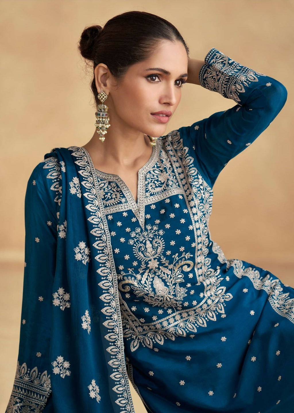 Anaita Teal Premium Chinon Embroidered Dhaga Sequence Work Ready Made Suit | Grocsy