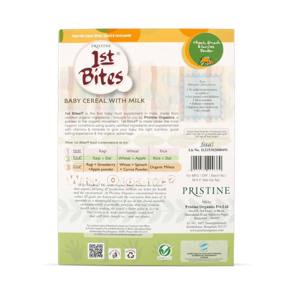 Pristine 1st Bites Baby Cereal Stage-3 Organic Wheat, Spinach & Carrot | Grocsy