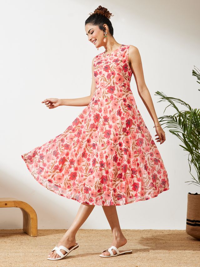 Janasya Peach Flared Georgette Dress | Grocsy
