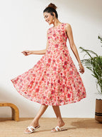 Janasya Peach Flared Georgette Dress | Grocsy