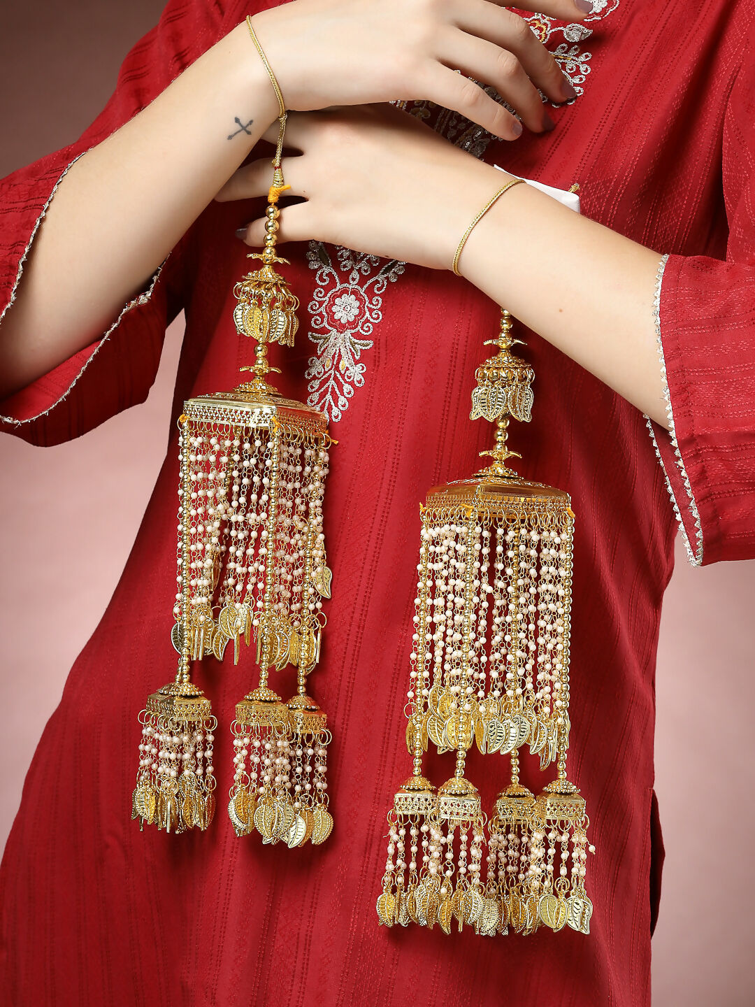 NVR Women's Pack Of 2 Gold-Polished & White Pearl Beaded Bridal Heavy Kaleera Sets | Grocsy