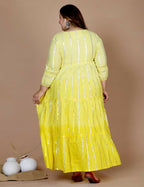 Miravan Women's Plus Size Cotton Embroidery And Lace Work Yellow Party Wear Anarkali Kurta | Grocsy
