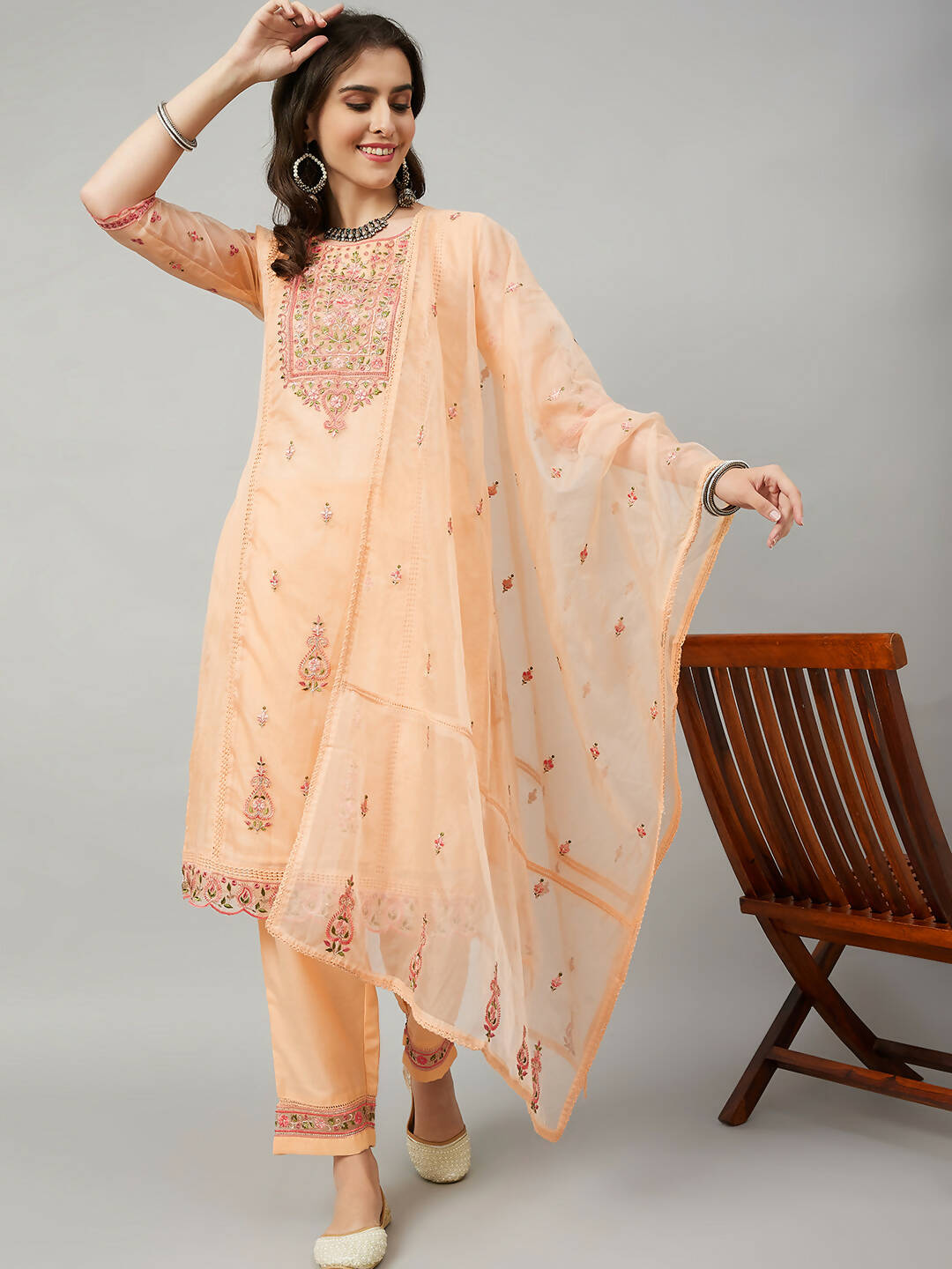 Orange Organza Embroidered Kurta with Bottom & Dupatta - Salimar | Grocsy