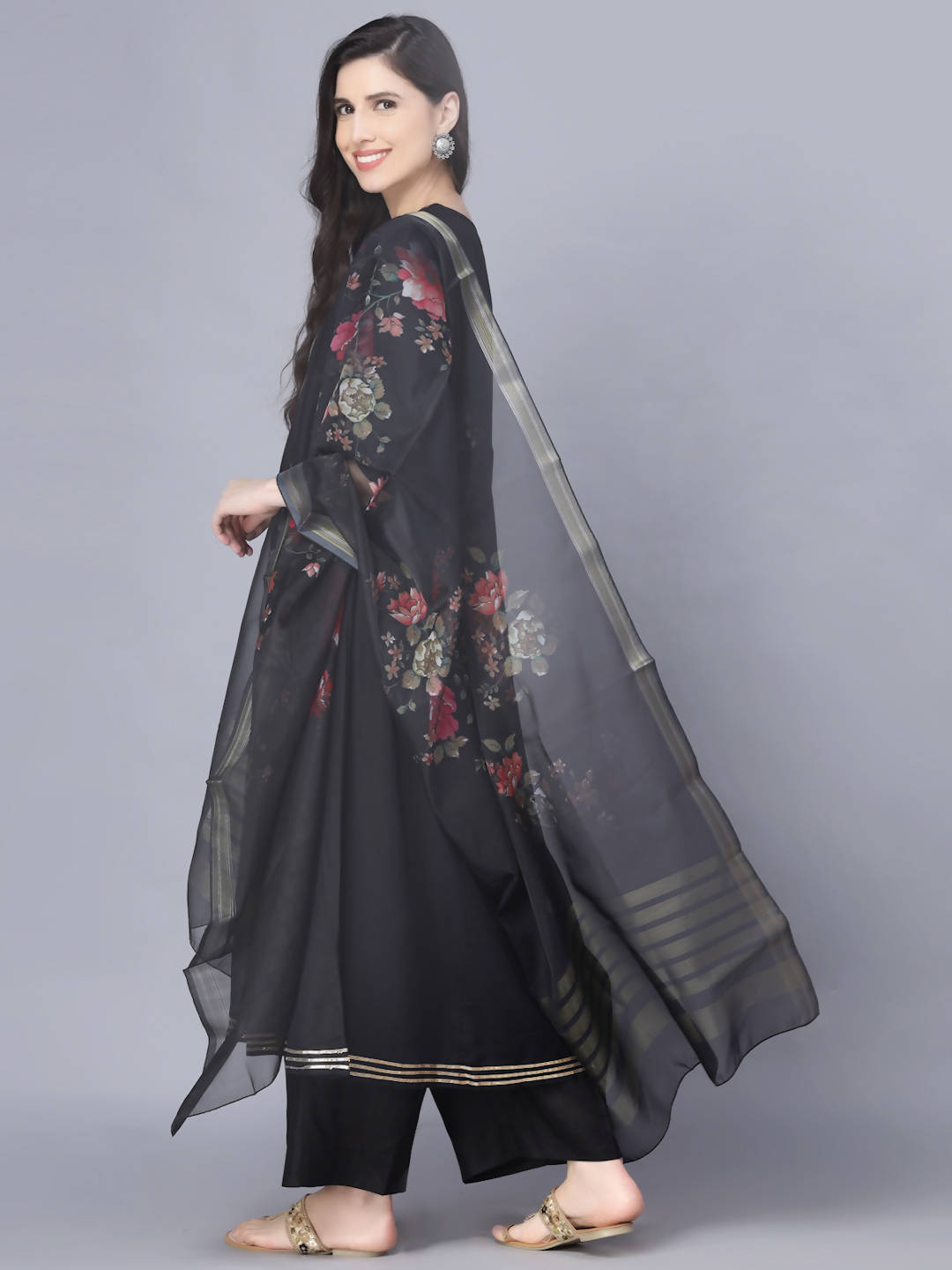 Myshka Women Black Printed Kurta with Dupatta | Grocsy