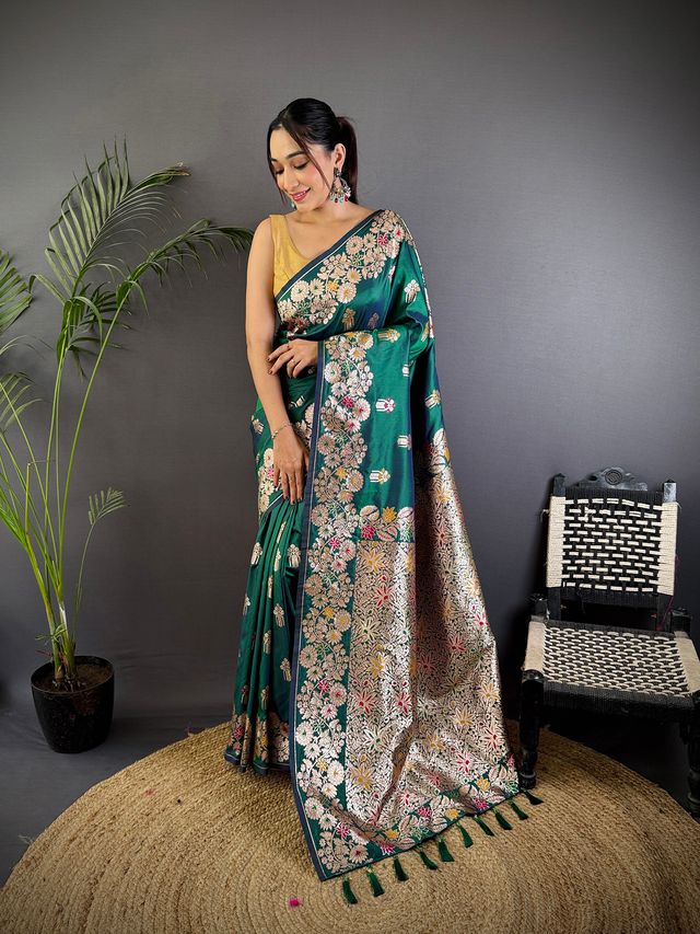 Elora Teal Green Soft Silk Floral Zari Weaving Meenakari Saree With Floral Border | Grocsy