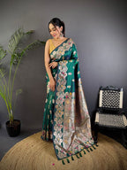 Elora Teal Green Soft Silk Floral Zari Weaving Meenakari Saree With Floral Border | Grocsy