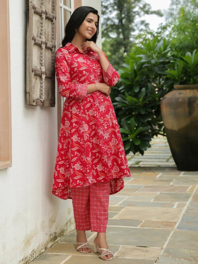 Aramya High Low Soft Cotton Floral Print Women's Kurta - Red | Grocsy