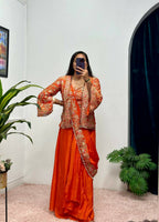 Teeya Creation Orange Color Chinon Silk Embroidery Work Ready To Wear Party Wear Saree With Koti | Grocsy