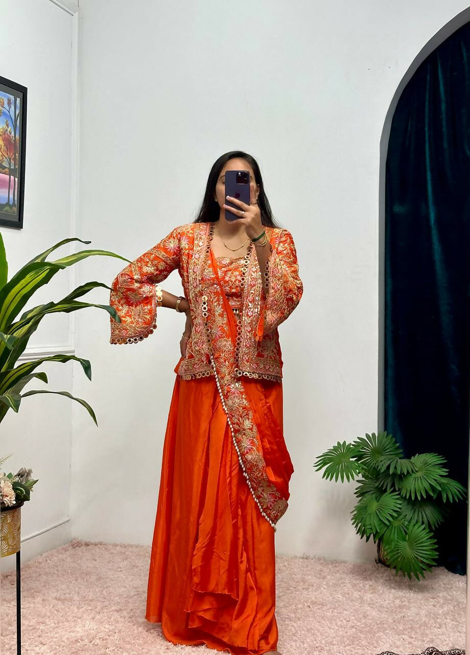 Teeya Creation Orange Color Chinon Silk Embroidery Work Ready To Wear Party Wear Saree With Koti | Grocsy