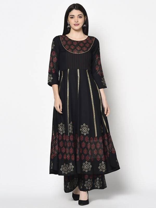Aniyah Rayon Black Color Block Print Anarkali Kurta (AN-187K) | Grocsy