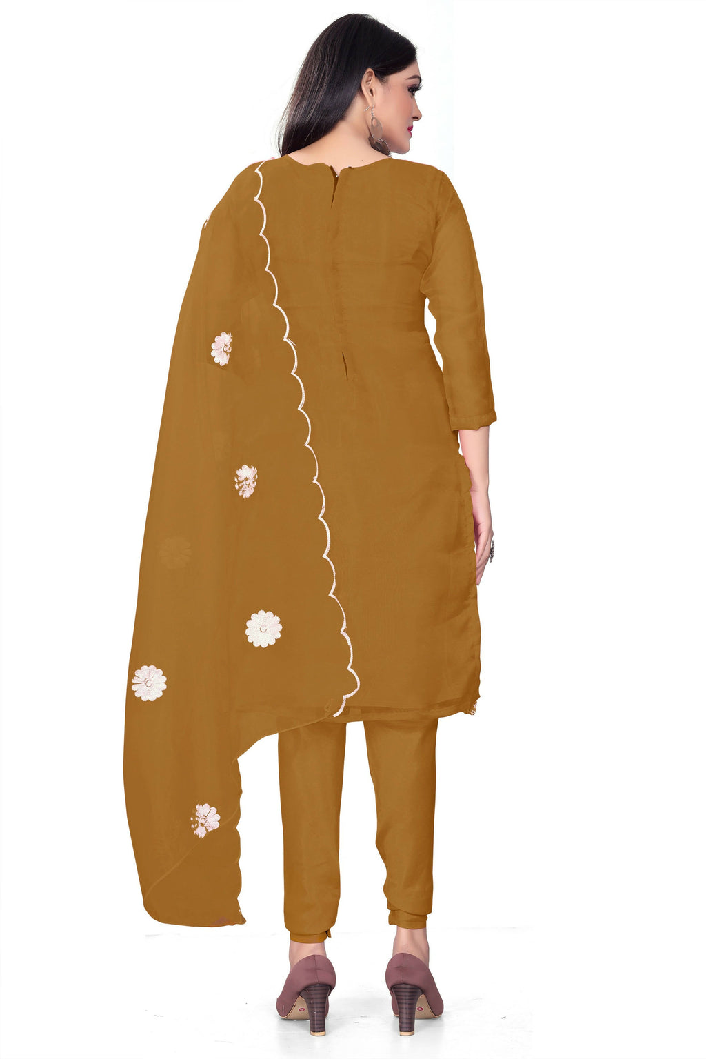 Olive Organza Silk Embroidered Work Unstitched Dress Material - Tanvi | Grocsy