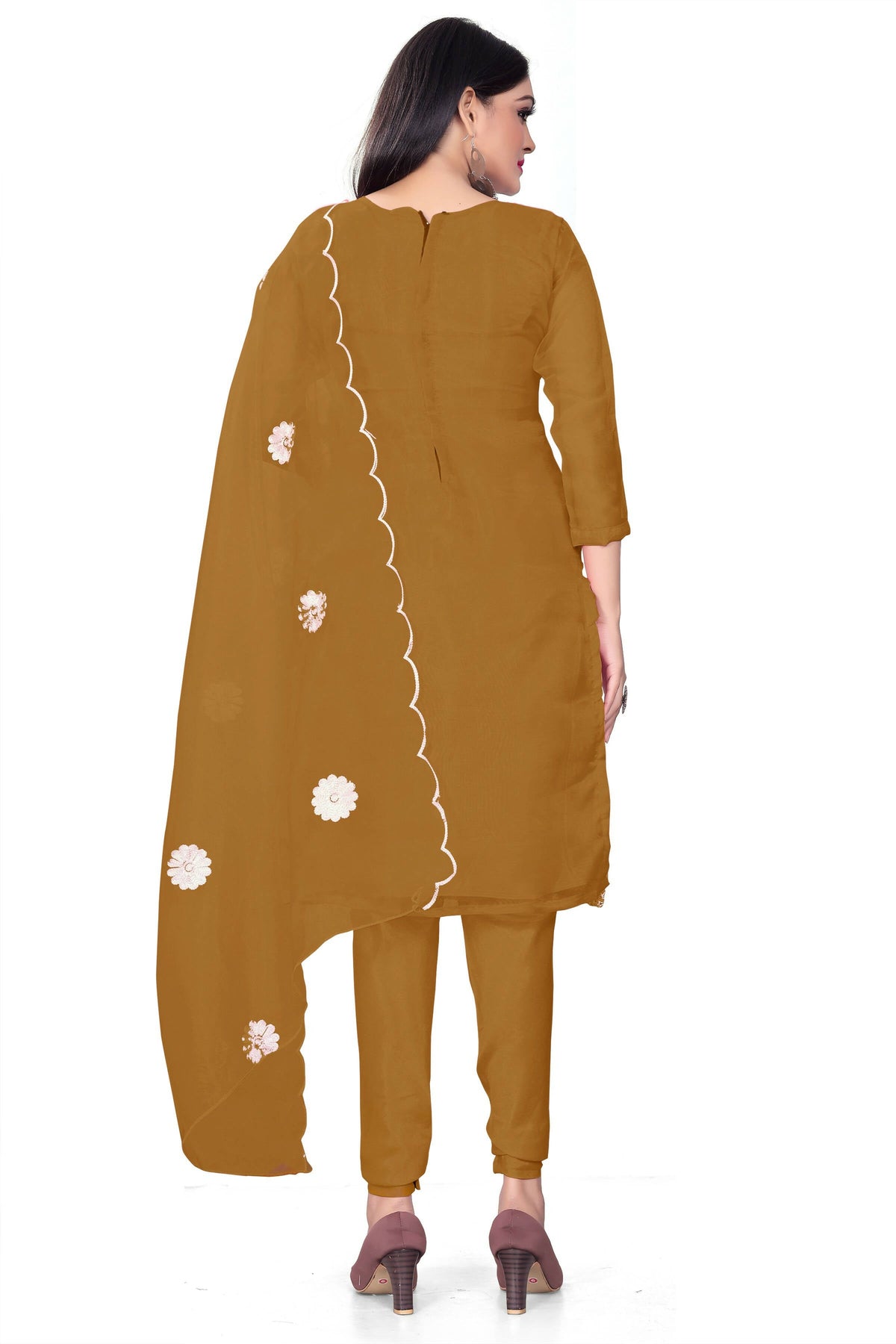 Olive Organza Silk Embroidered Work Unstitched Dress Material - Tanvi | Grocsy