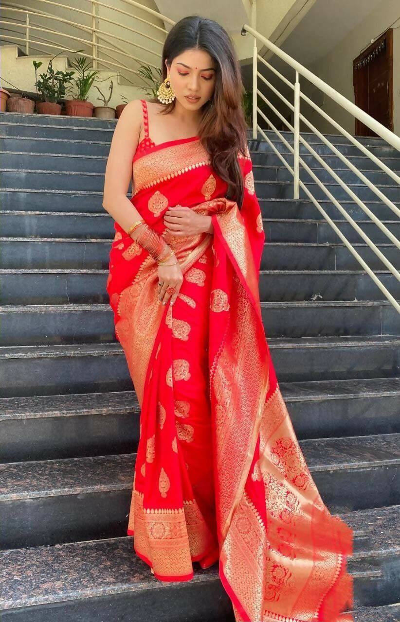 DEIANA'S Beautiful Designer Golden zari Soft Lichi Silk Saree - Red | Grocsy