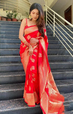DEIANA'S Beautiful Designer Golden zari Soft Lichi Silk Saree - Red | Grocsy