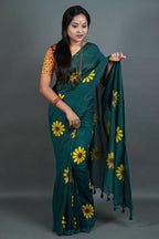 Exclusive Collection Green Pure Cotton Saree With Sunflower Design | Grocsy