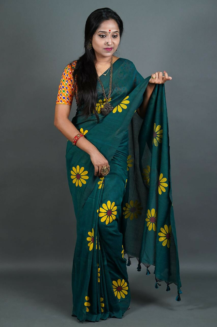 Exclusive Collection Green Pure Cotton Saree With Sunflower Design | Grocsy