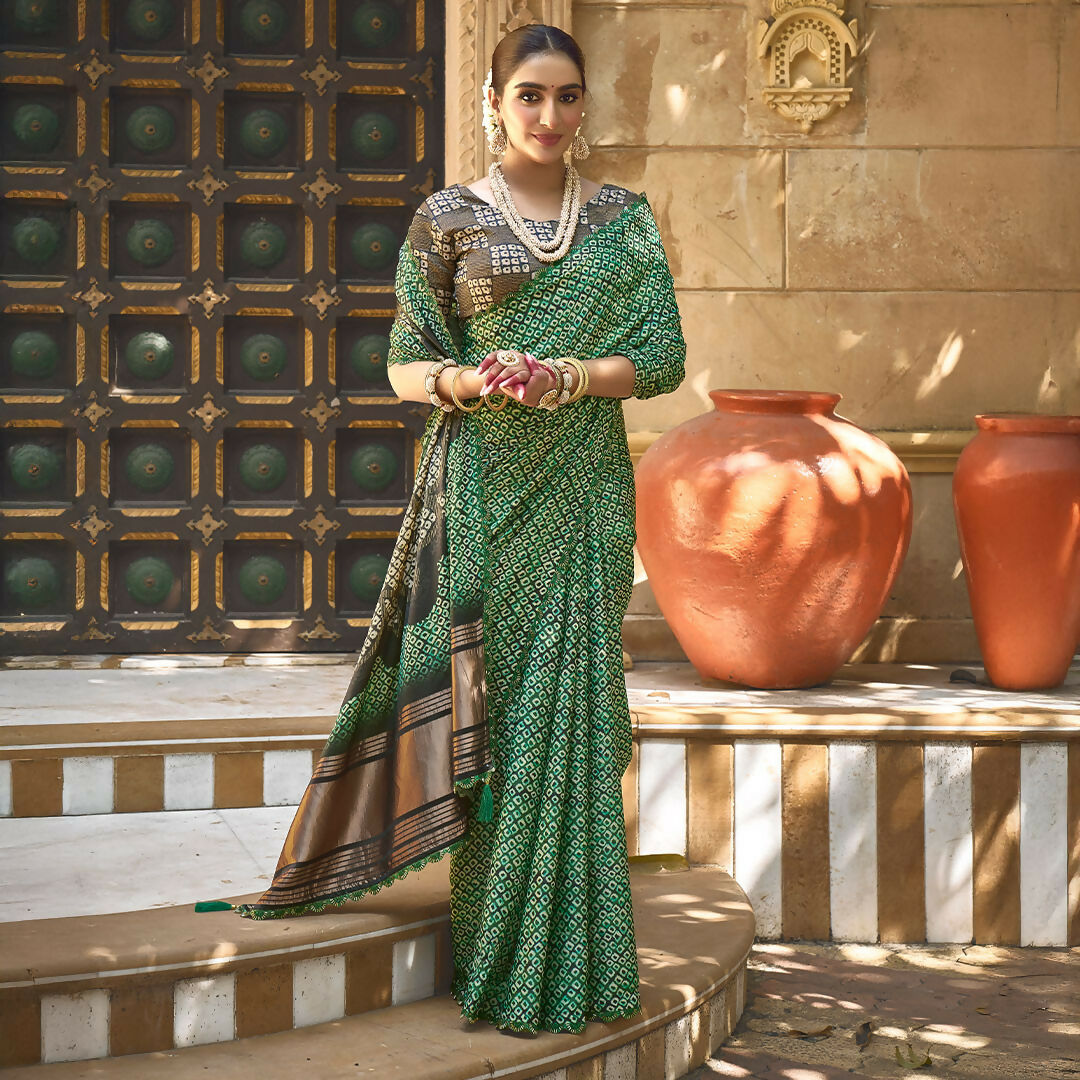 Green Gajji Silk Pure Handwork Saree With Unstitched Blouse - Norita Gajri | Grocsy
