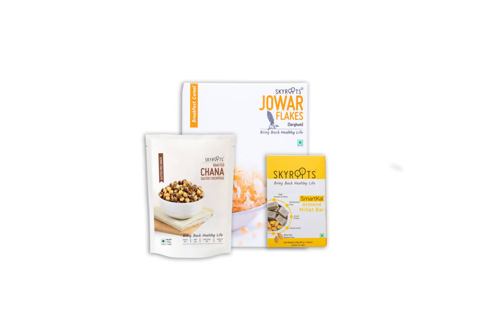 Skyroots Jowar Flakes + Roasted salted Chana + Almond millet bar | Grocsy