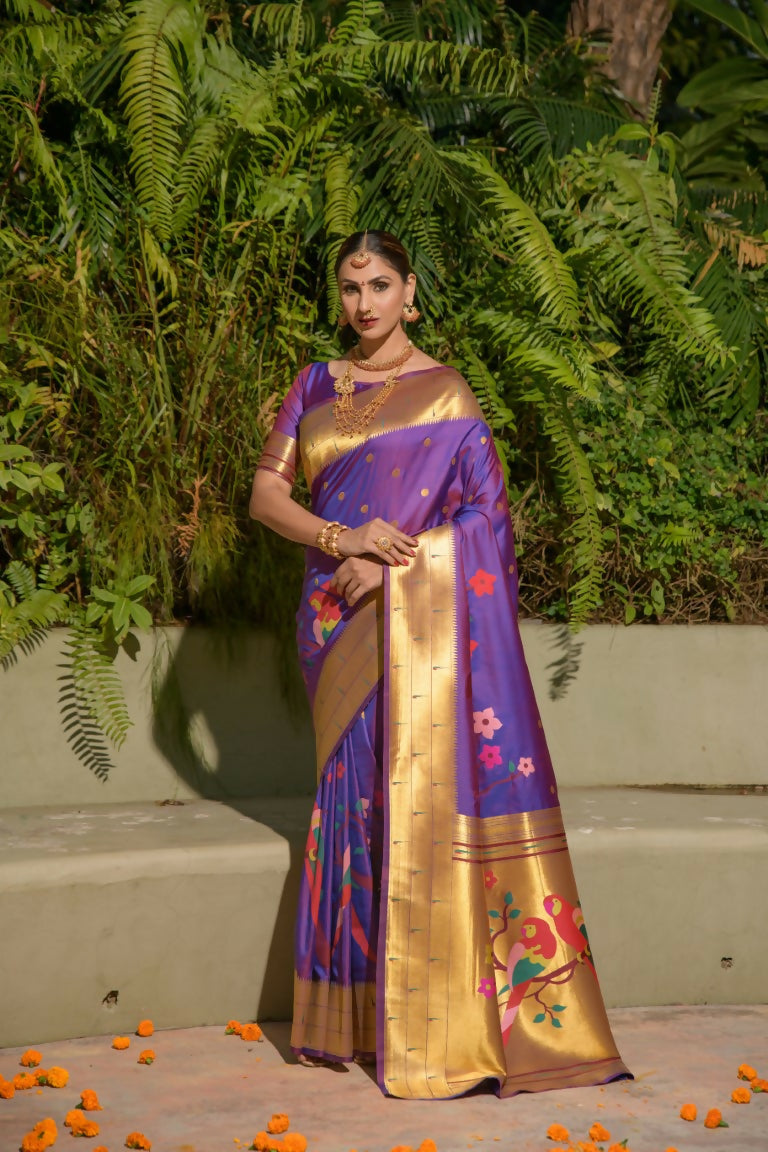 Jyoti Fashion Women's Purple Paithani Silk Zari Woven Saree with Blouse | Grocsy