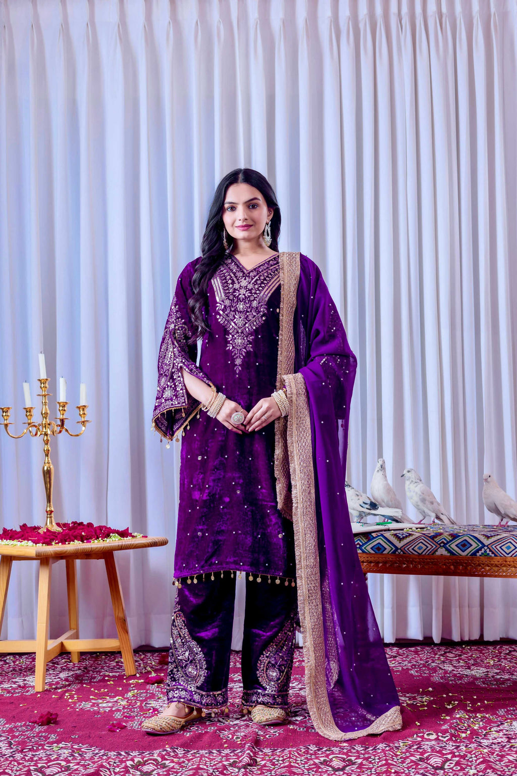 Joban Fashion Royal Purple Velvet Embroidery Kurta Set | Grocsy