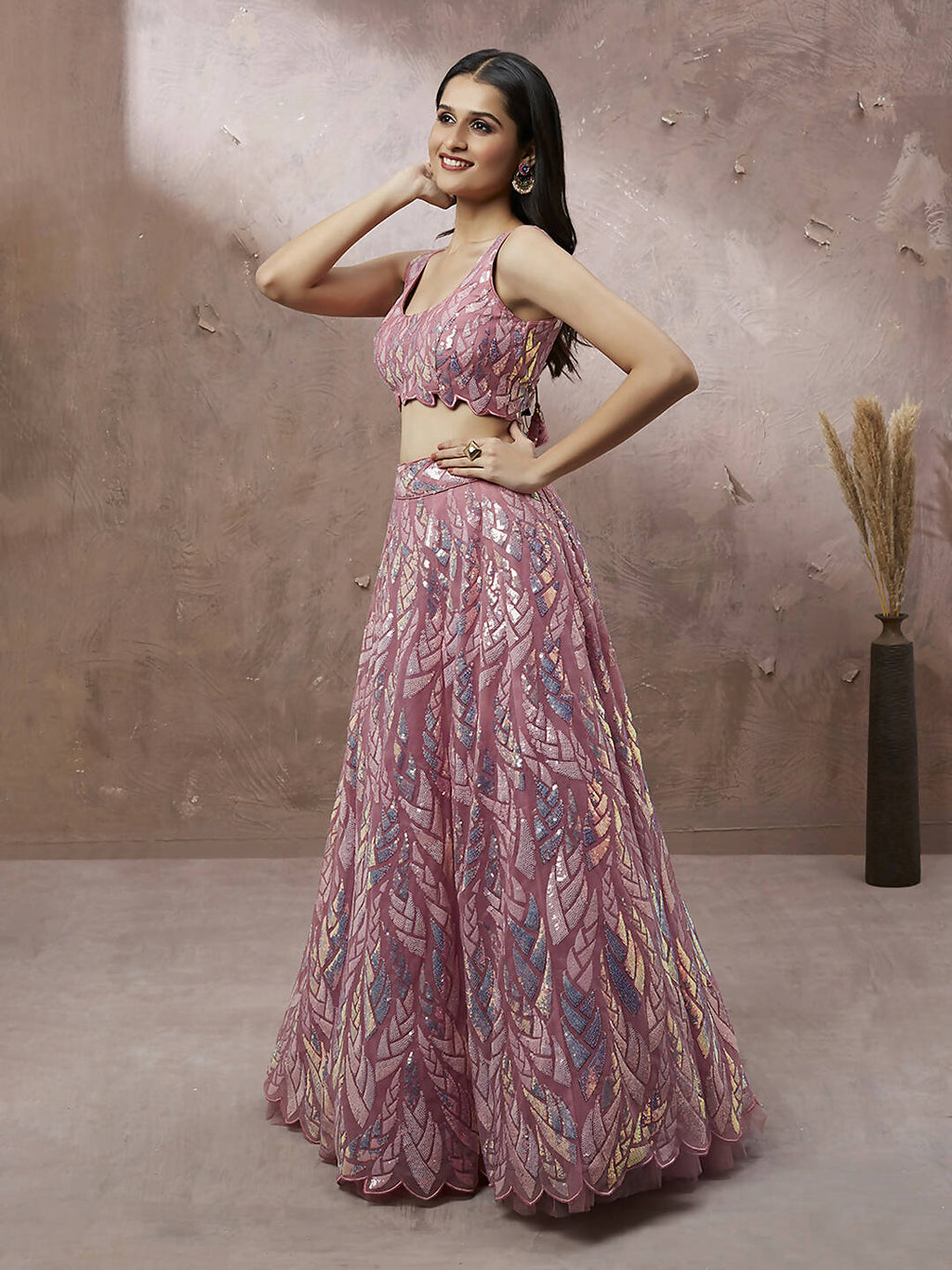 House of Panchhi CORAL Net Sequinse Work Lehenga & Blouse, Dupatta | Grocsy