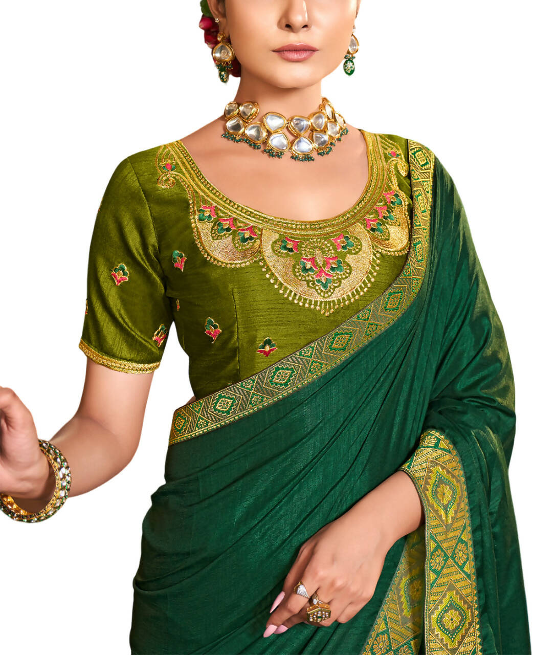 Green Solid Vichitra Saree With Unstitched Blouse Piece - Selena | Grocsy
