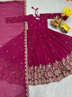 Teeya Creation Womens Wedding Wear Heavy Sequence Embroidery Work Pink Gown Set | Grocsy