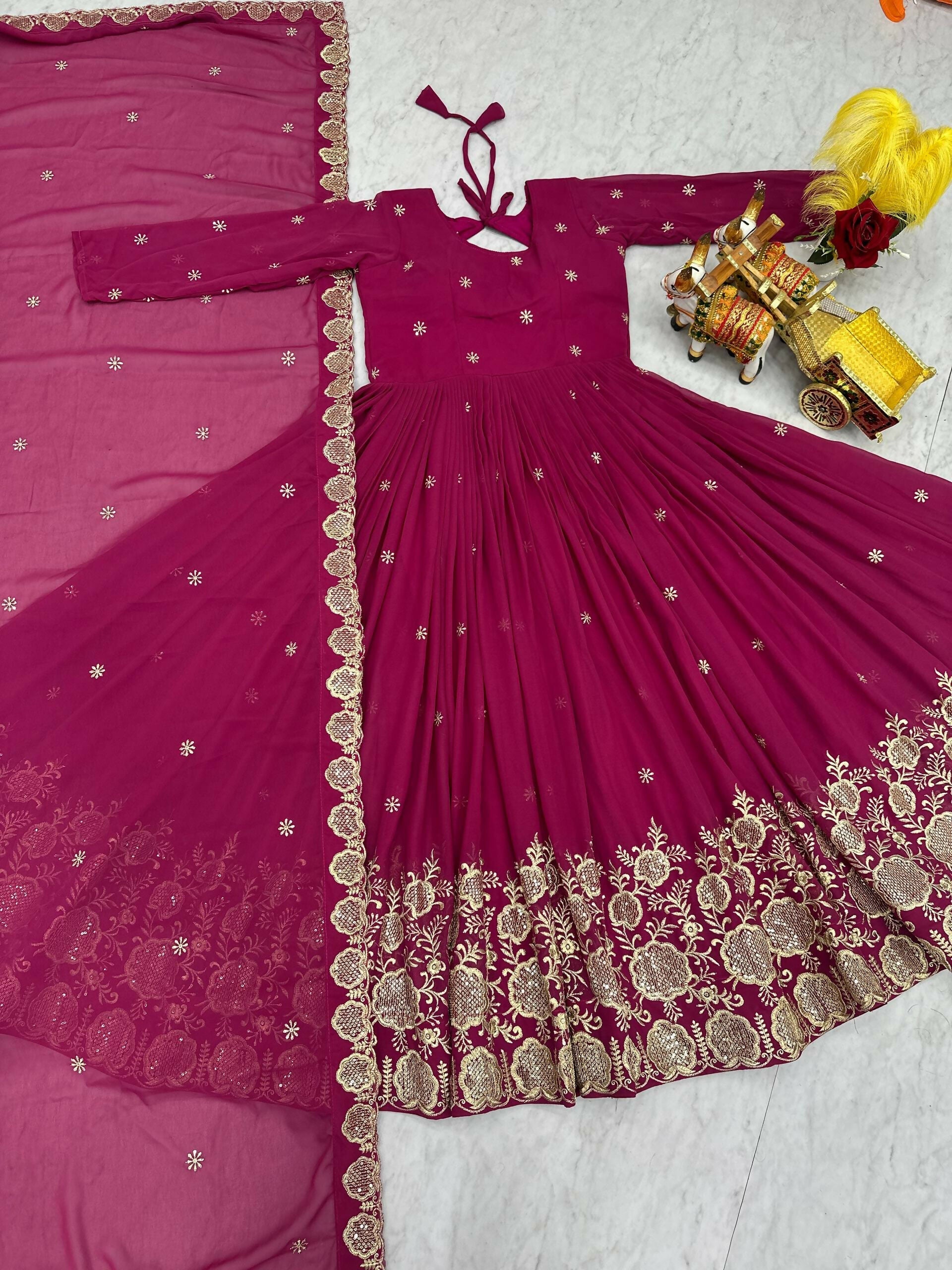 Teeya Creation Womens Wedding Wear Heavy Sequence Embroidery Work Pink Gown Set | Grocsy