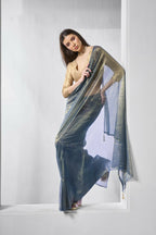 Blue Gold Tissue Net Solid & Gold Cotted Saree - Samaa | Grocsy