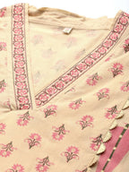 Ahalyaa Women Cream-Coloured & Pink Floral Print Pure Cotton Anarkali Kurta with Palazzos | Grocsy
