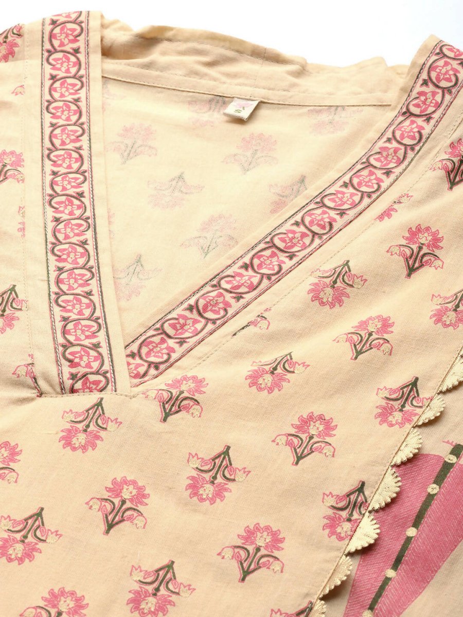 Ahalyaa Women Cream-Coloured & Pink Floral Print Pure Cotton Anarkali Kurta with Palazzos | Grocsy