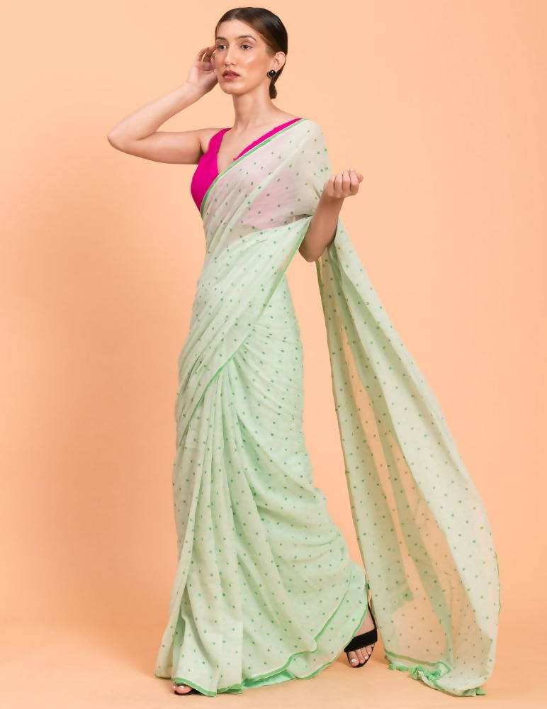Suta Lime Green Polka Printed Pure Cotton Saree | Grocsy
