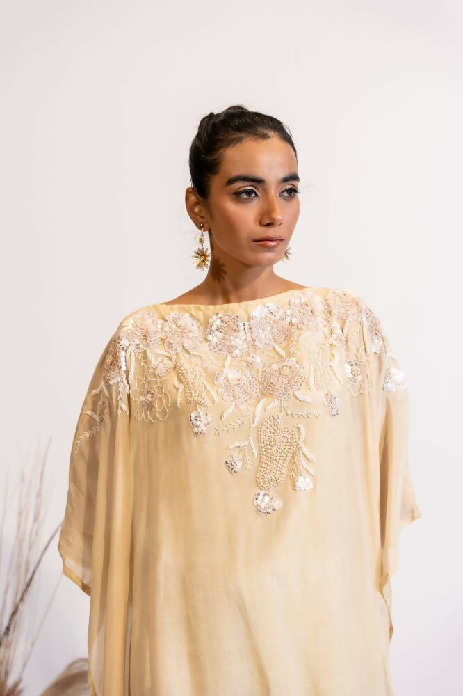 Timaraa Champagne Glow Hand-Embellished Georgette Kaftan Dress | Grocsy