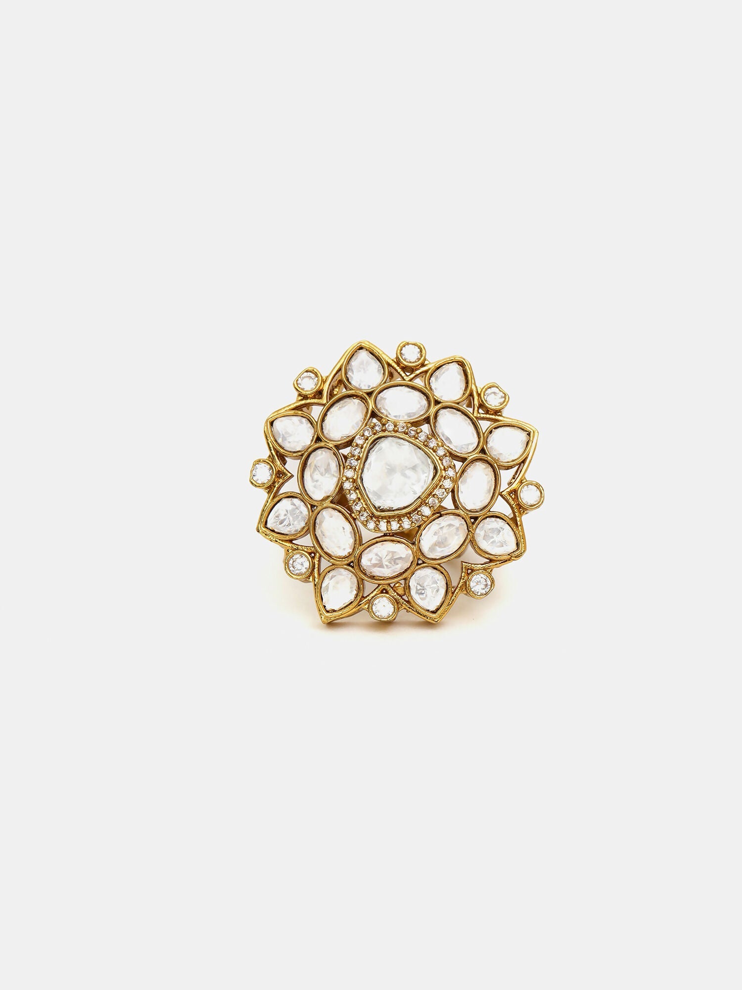 Ruby Raang Traditional Gold Polished White Kundan Ring | Grocsy
