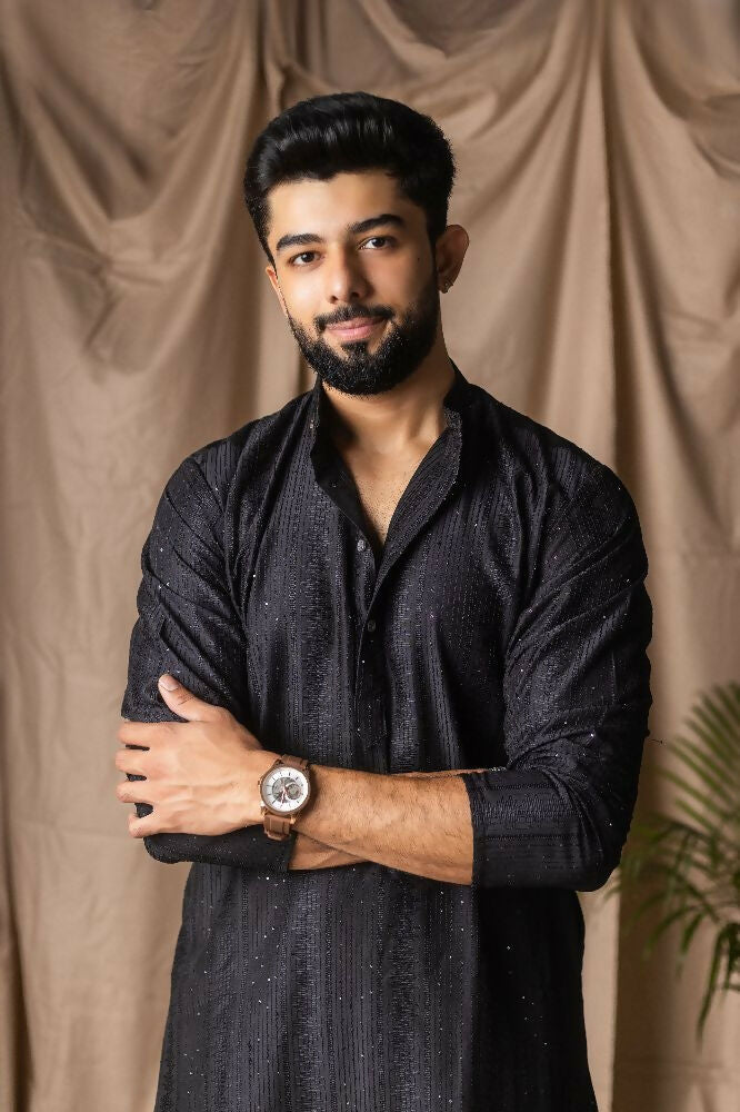 Black Rayon Thread Embroidery Work Kurta Set - Mahotsav | Grocsy