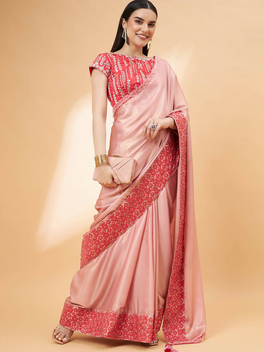Light Pink Satin Georgette Laser Cut Floral Embroidery , Resham, Zari And Cord Embroidery Saree - Norita Hit Design | Grocsy
