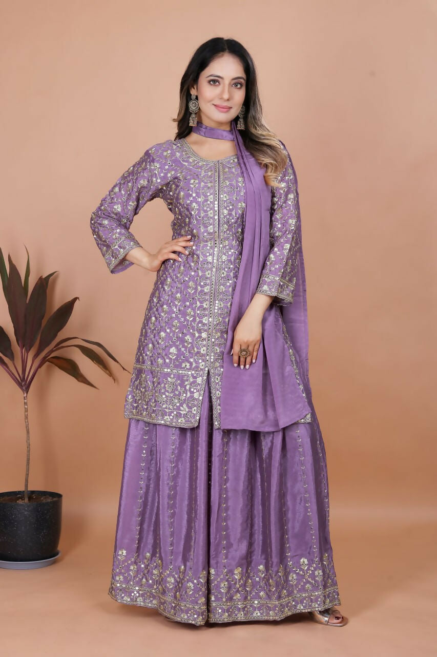 Teeya Creation Lavender Chinon Embroidery Work Party Wear Palazzo Suit | Grocsy