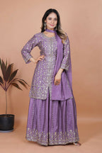 Teeya Creation Lavender Chinon Embroidery Work Party Wear Palazzo Suit | Grocsy