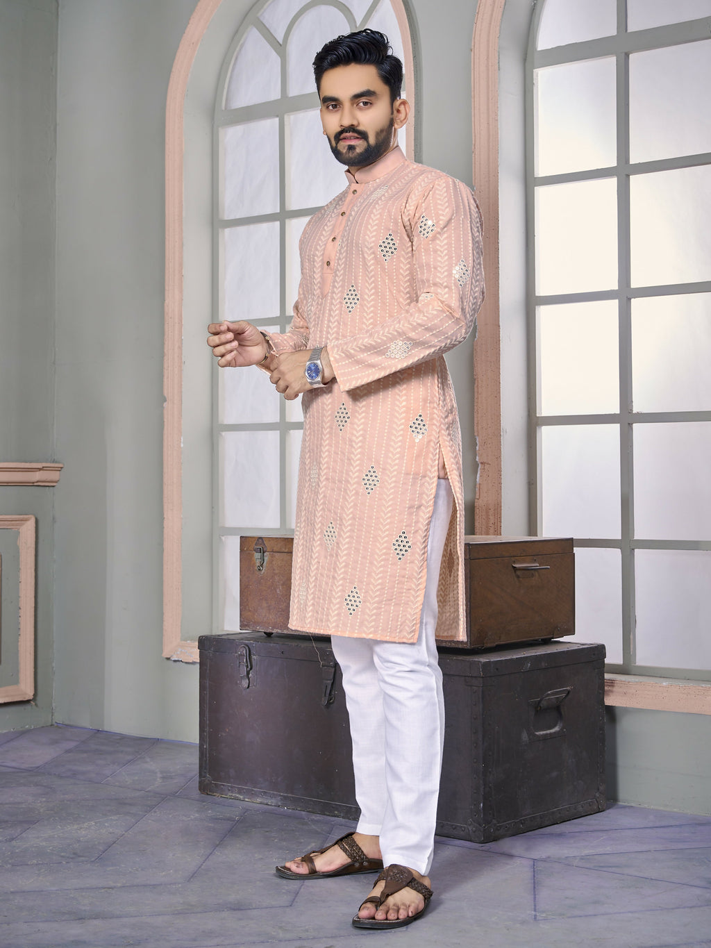Peach Kurta Pajama Set for Men by Infinity Export | Grocsy