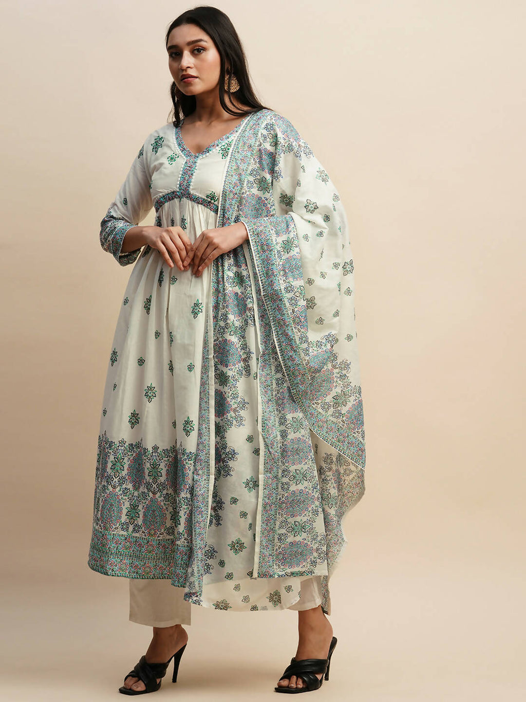 White And Blue Pure Cotton Floral Printed Anarkali Kurta And Bottom With Dupatta - Akashara | Grocsy