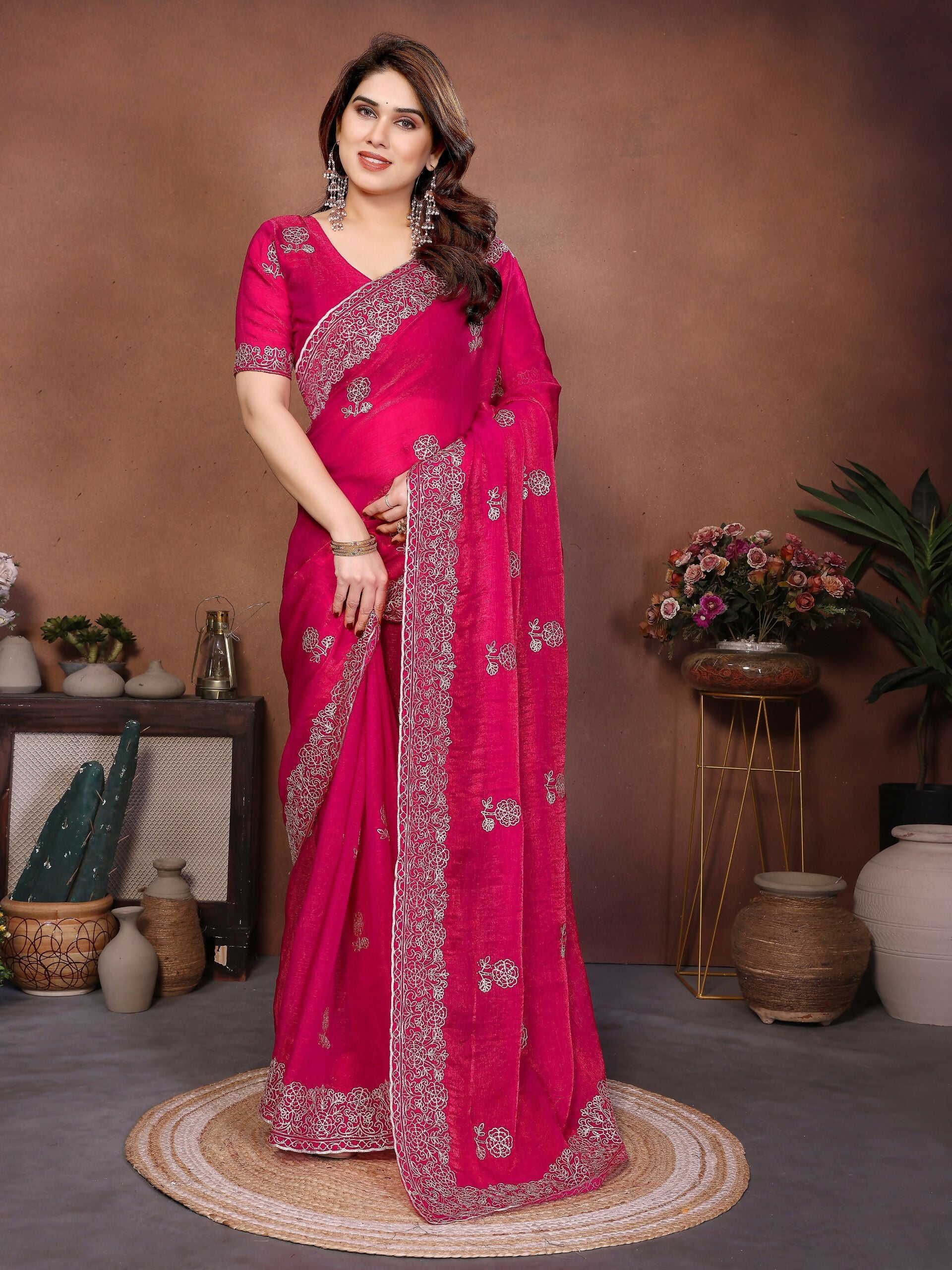 Teeya Creation New Trendy Party Wear Soft Satin Chiffon Saree-Pink | Grocsy