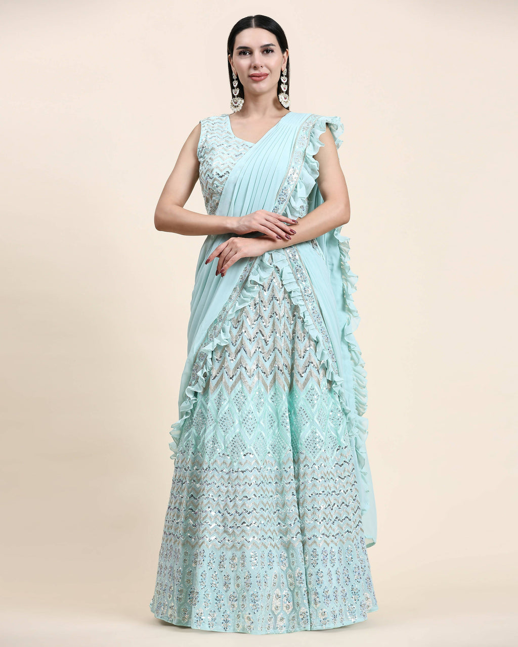Sky Blue Pure Viscose Georgette Thread With Sequins Embroidery Work Lehenga Choli With Dupatta - Tanya | Grocsy