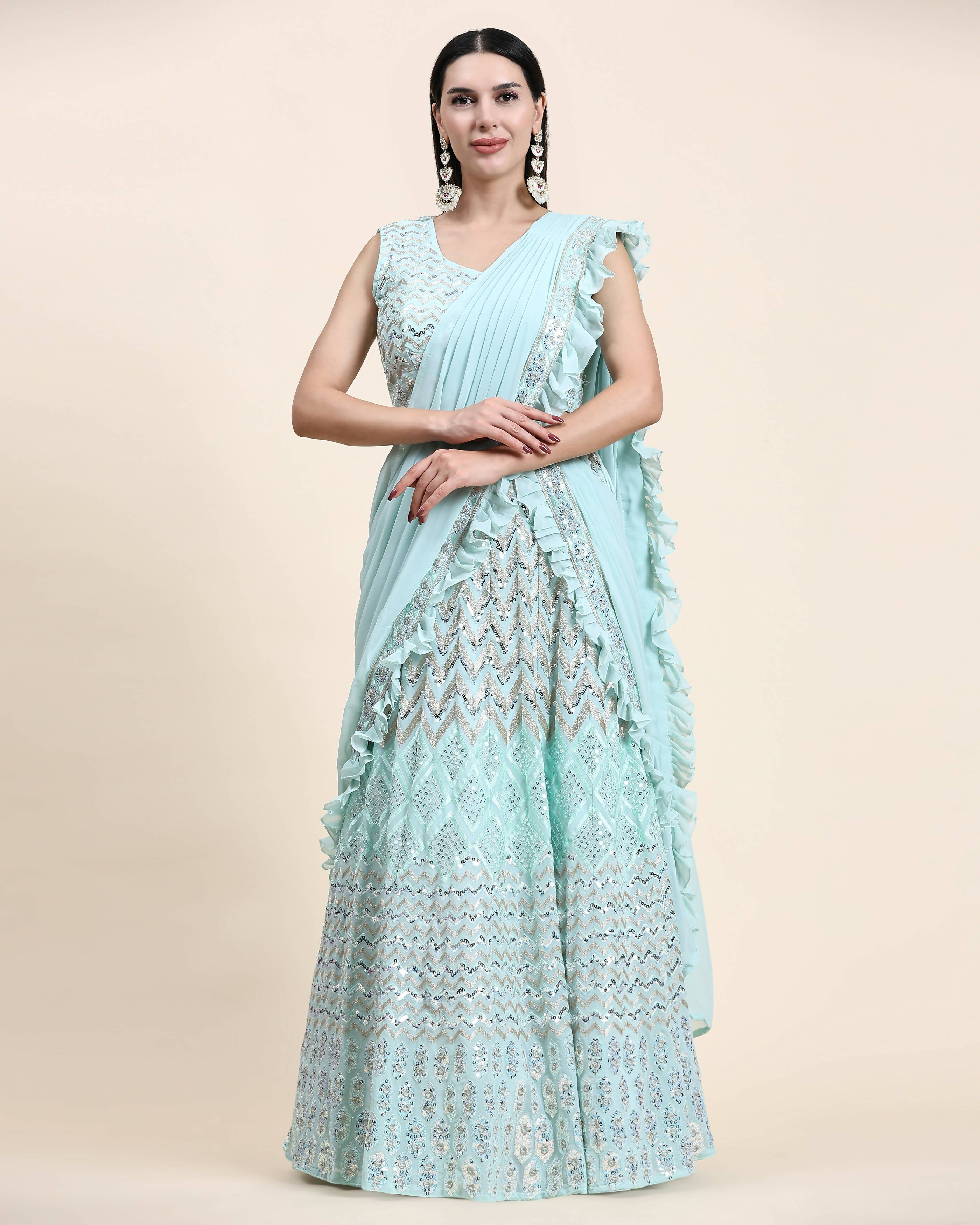 Sky Blue Pure Viscose Georgette Thread With Sequins Embroidery Work Lehenga Choli With Dupatta - Tanya | Grocsy