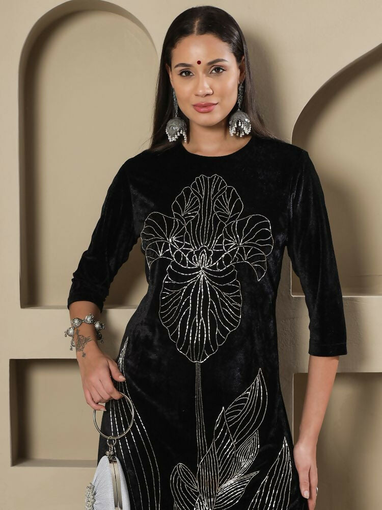 Joban Fashion Women Black Velvet Hand Embellishment Stitched Kurta Set | Grocsy