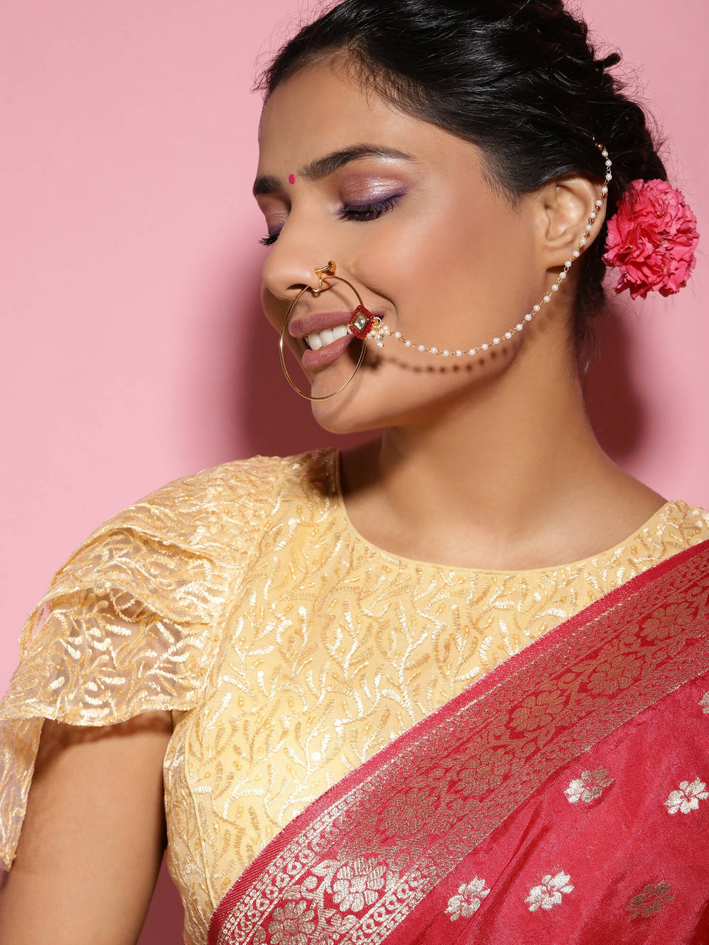 White Red Gold-Polished Kundan-Studded Beaded Nosepin - Ruby Raang | Grocsy