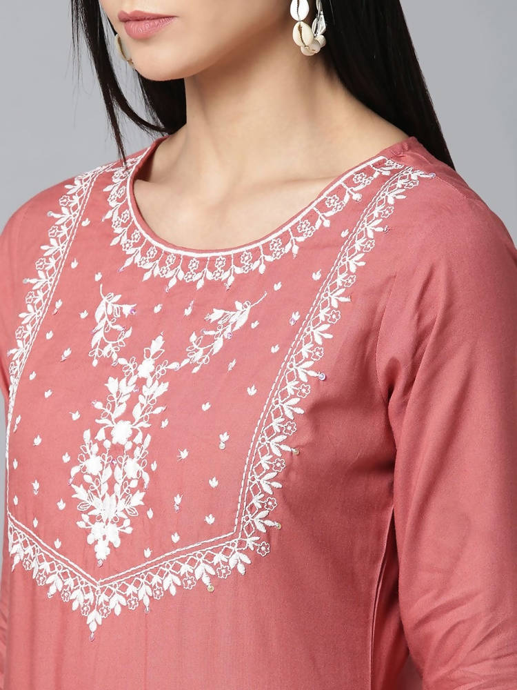 Yufta Women Pink & White Yoke Design Kurta with Palazzo & Dupatta | Grocsy