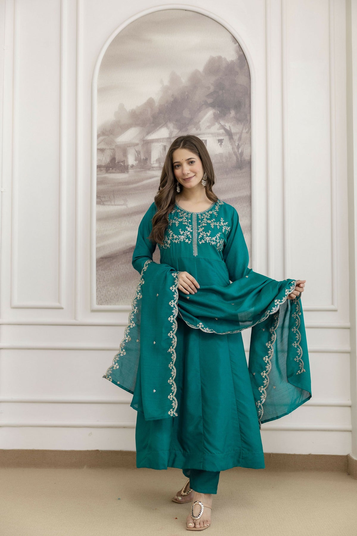 The52 Rama Women's Beautiful Vichitra Silk Fabric Embroidered Work Flared Anarkali Pant and Dupatta Set | Grocsy
