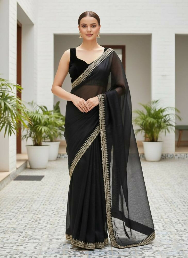Joban Fashion Black Soft twill Net Party Wear Sarees | Grocsy