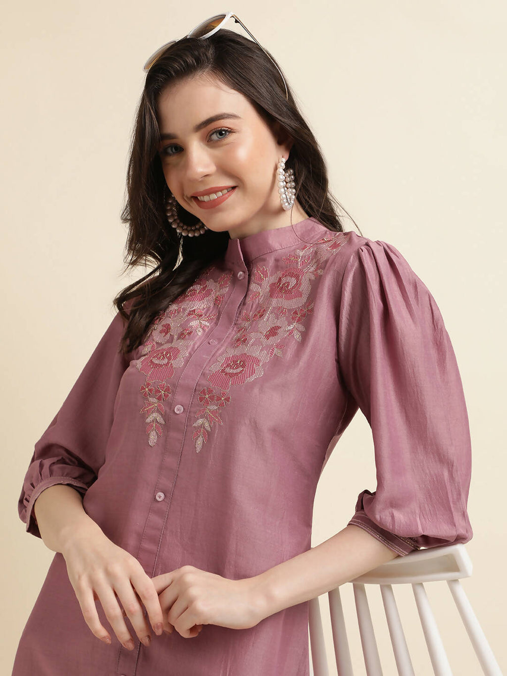 Dust Pink Chinon Yoke Embroidered A-line Top - Tarini | Grocsy