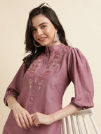 Dust Pink Chinon Yoke Embroidered A-line Top - Tarini | Grocsy